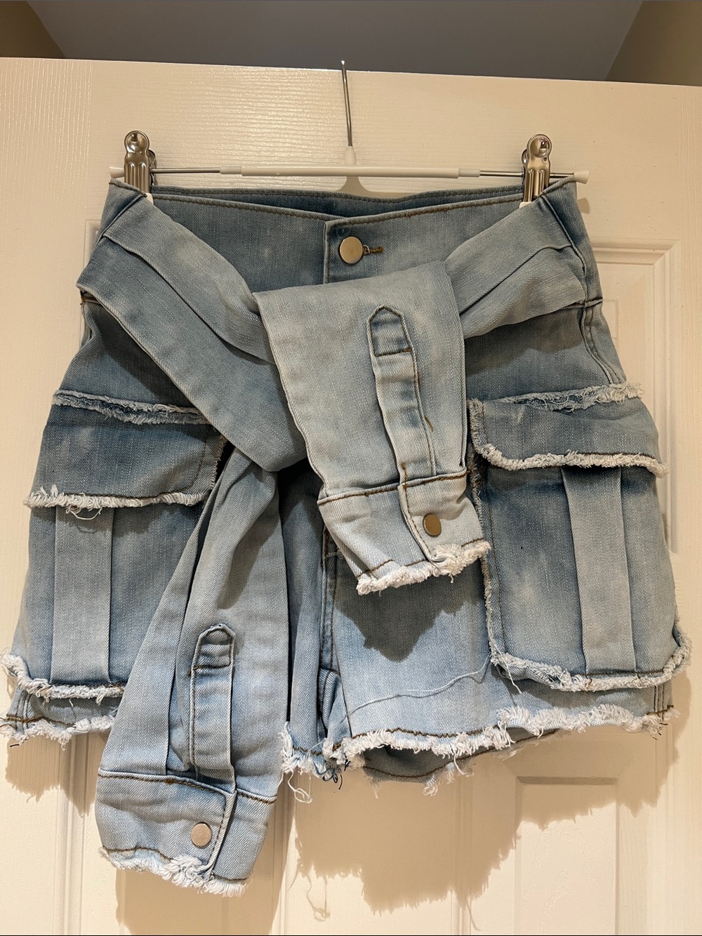 Light Blue Denim Cargo Shorts with Attached Jacket Accent